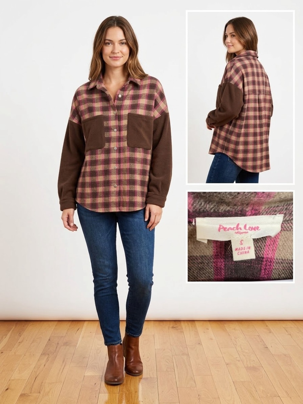 Peach Love California Brown, Pink and Cream Plaid Button-Front Shacket